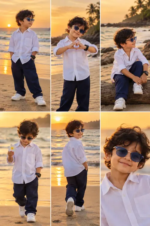 Beach Fashion Collage AI Photo Prompt showing a young Indian boy in a white oversized shirt, navy trousers, white sneakers, and blue sunglasses in six poses on a tropical beach at sunset. 20
