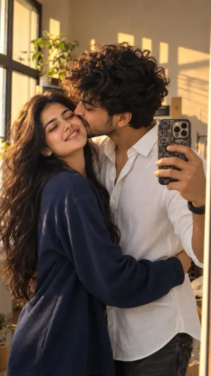 Golden Hour Romantic Couple Mirror Selfie AI Photo Prompt showing a young South Asian couple embracing as the man kisses the woman's cheek, wearing a white shirt and navy sweatshirt in warm golden sunlight.
