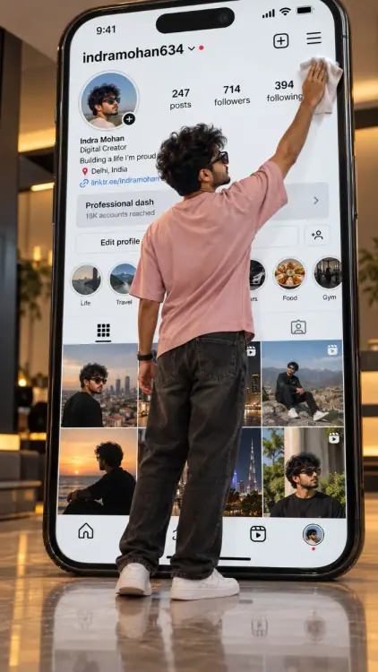 Instagram Profile 3D Illusion AI Photo Prompt showing a young South Asian man in a pastel-pink T-shirt, dark jeans, and white sneakers wiping a giant smartphone displaying an Instagram profile in a cinematic studio.