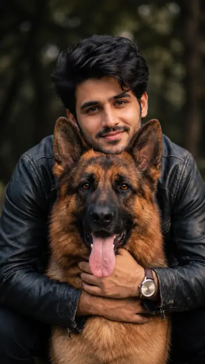 Man Hugging German Shepherd AI Photo Prompt showing a young man in a black leather jacket embracing a large black-and-tan German Shepherd with its tongue out against a softly blurred woodland background.