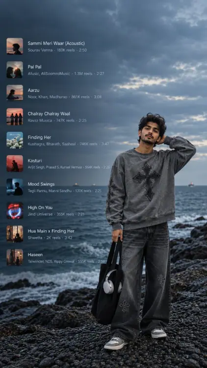 Moody Ocean Music Playlist Portrait AI Photo Prompt showing a young man in an oversized grey cross-print sweatshirt and baggy jeans standing on a rocky beach, with a black tote bag, white headphones, and a translucent music playlist overlay on the left.