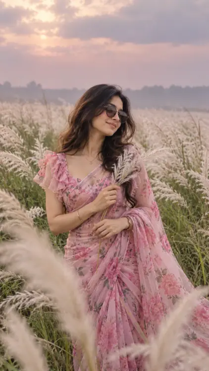 Pink Floral Saree Kash Flower Field AI Photo Prompt featuring an Indian woman in a pink floral saree and dark sunglasses, holding fluffy white Kash flowers against a dreamy pastel pink and purple sky.