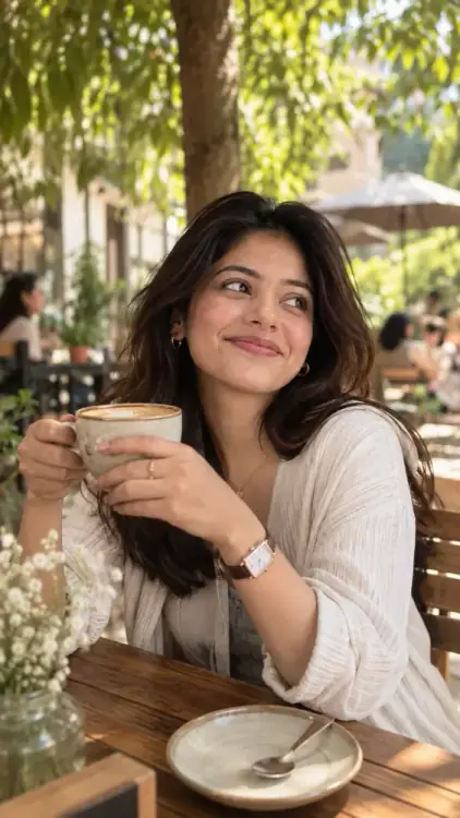 Outdoor Cafe Coffee scene featuring a woman enjoying a warm cup of coffee in a lush café setting, with soft morning sunlight, natural textures, and a beautifully blurred background.