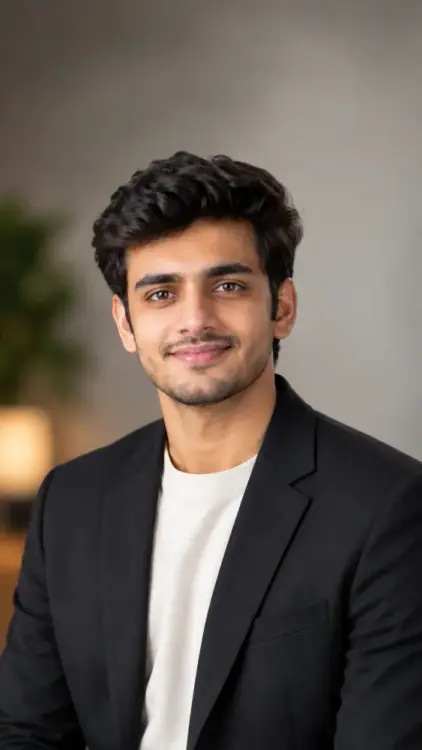 Professional headshot prompts of a person wearing a dark blazer and neutral shirt against a softly blurred studio background.