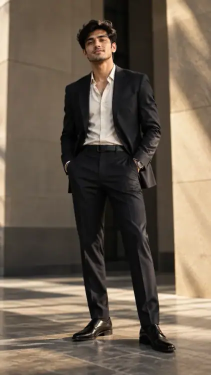 Editorial fashion photograph prompts of a stylish man in a dark suit standing confidently against modern architecture in dramatic sunlight.