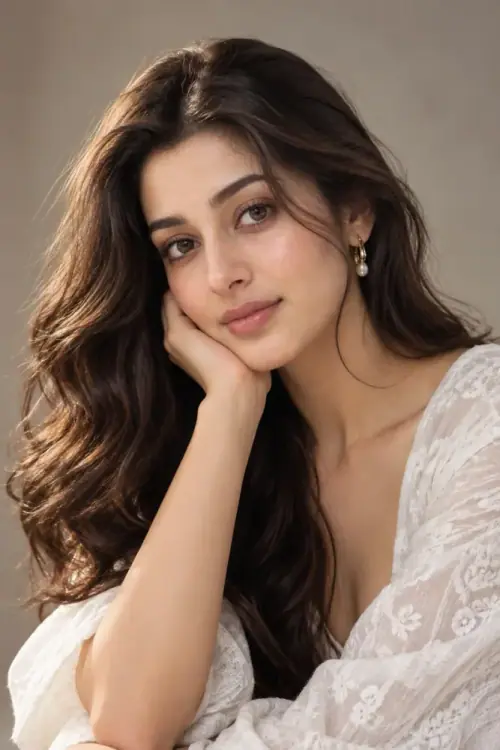 Beauty portrait photography of a woman with styled hair and refined makeup, softly illuminated against a neutral blurred studio background.
