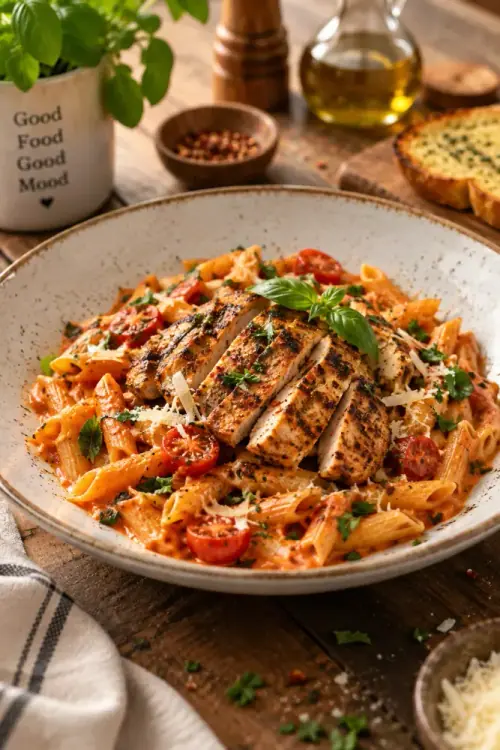 Gourmet food photography showing grilled chicken pasta with tomatoes, fresh basil, Parmesan, and garnishes on a rustic wooden table.