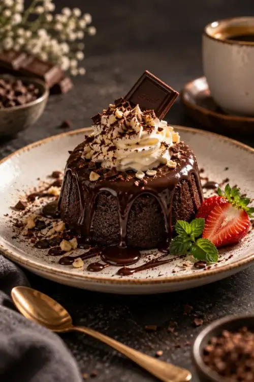 Chocolate dessert photography prompts showing a rich chocolate cake topped with whipped cream, chocolate shavings, strawberry, and mint on a ceramic plate.