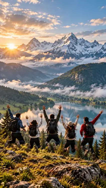 Mountain adventure photography showing five friends jumping together before snow-covered peaks, a reflective alpine lake, and misty green valleys.