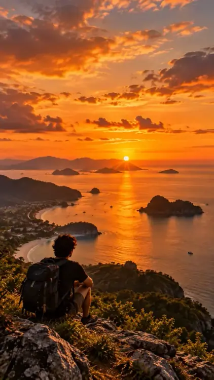 Sunset Landscape AI Prompt showing a traveler overlooking a glowing ocean, silhouetted islands, dramatic clouds, and a golden horizon.