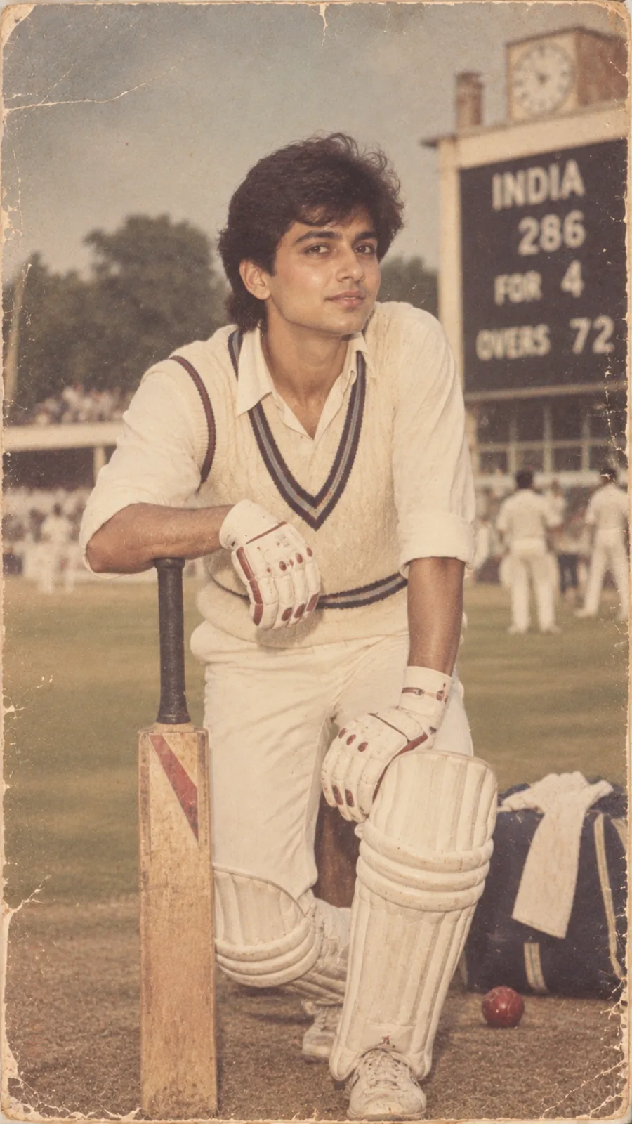 1980s Indian Cricket AI Prompt showing a young cricketer in vintage white cricket gear with a wooden bat on an old cricket ground