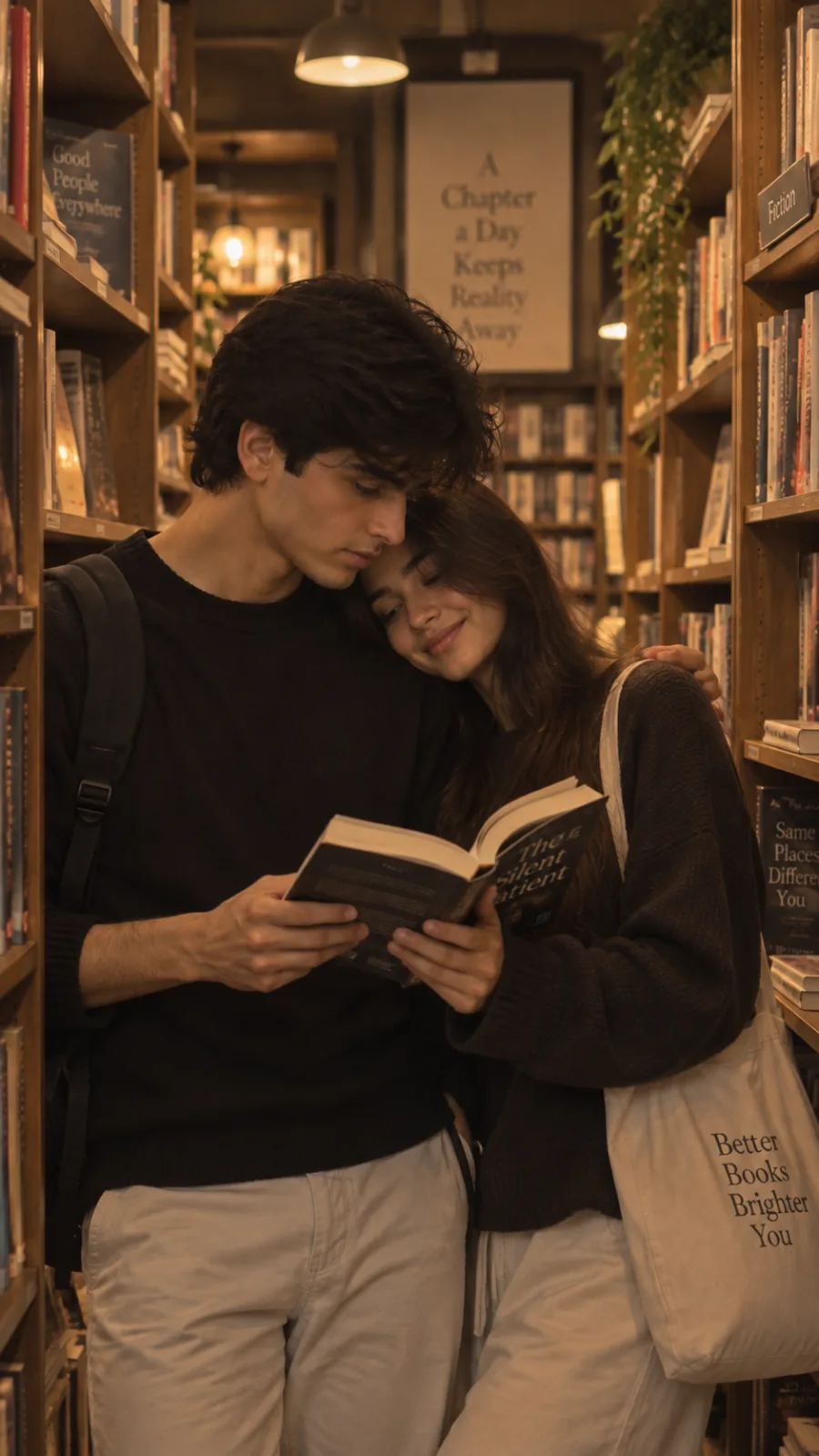 Bookstore Portrait AI Prompt showing a person browsing books in a cozy bookstore with warm ambient lighting.
