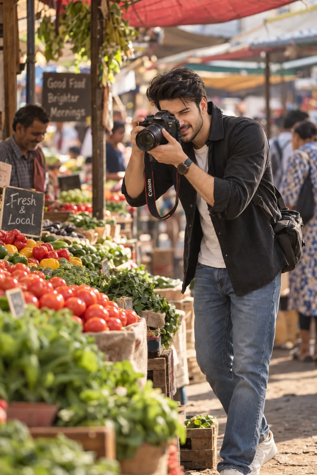 Candid Market Portrait AI Prompt showing a photorealistic candid market portrait with detailed lighting and realistic texture.