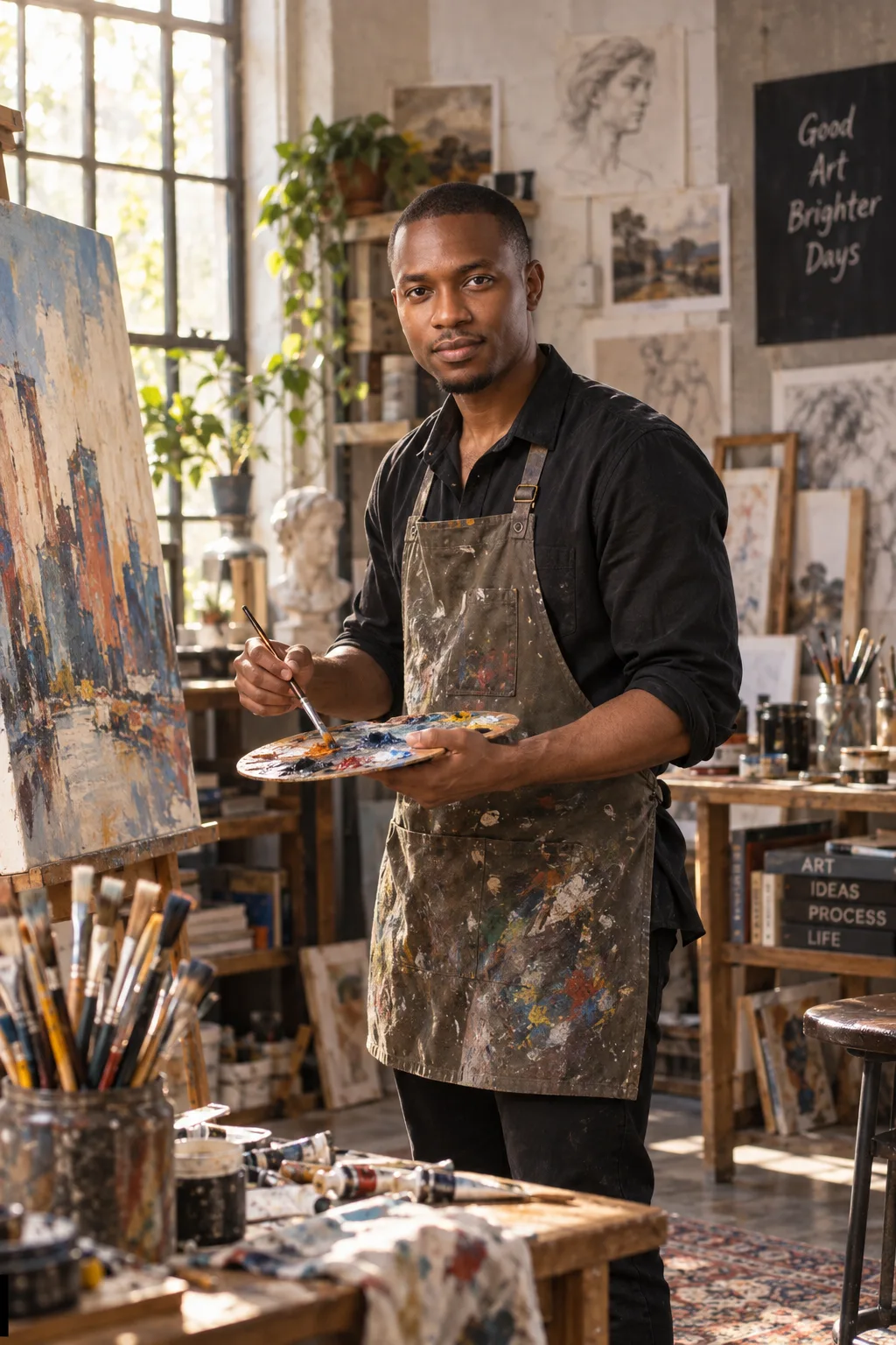 Artist Studio Portrait AI Prompt showing a photorealistic artist studio portrait with detailed lighting and realistic texture.