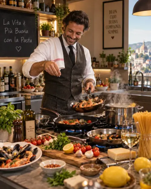 Italian Chef Pasta AI Prompt showing a smiling chef preparing pasta ai frutti di mare with seafood, pasta, herbs, and sizzling pans.