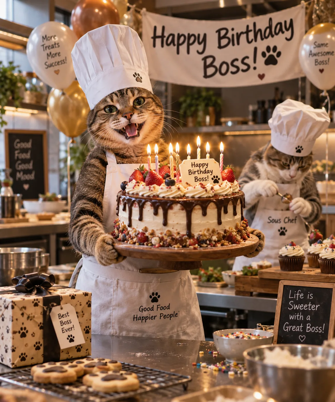 Chef Cat Birthday AI Prompt showing a tabby cat chef holding a birthday cake with glowing candles in a decorated kitchen