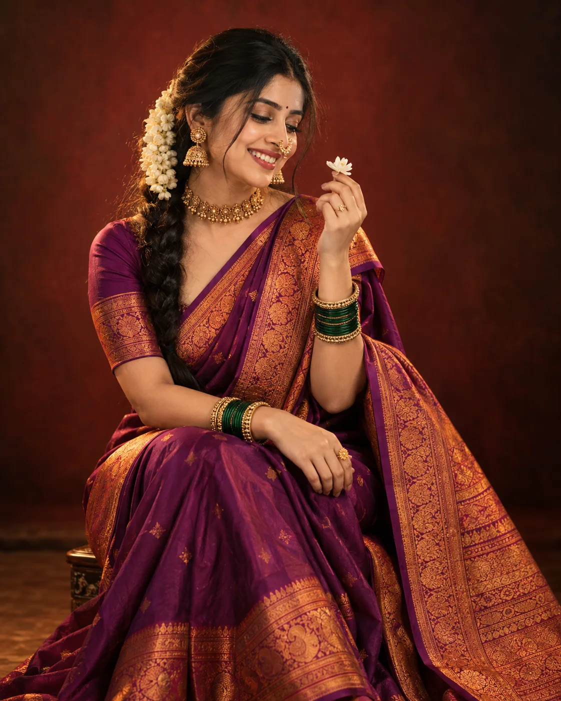 Indian Bridal Portrait AI Prompt showing a woman in a magenta silk saree with gold jewelry, jasmine flowers, and a traditional bridal pose.