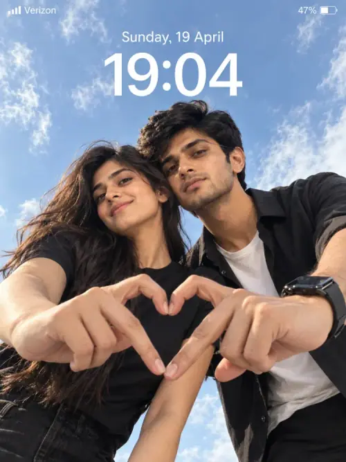 Couple Heart Pose AI Prompt showing a smiling couple forming a heart with their hands beneath a bright blue sky.