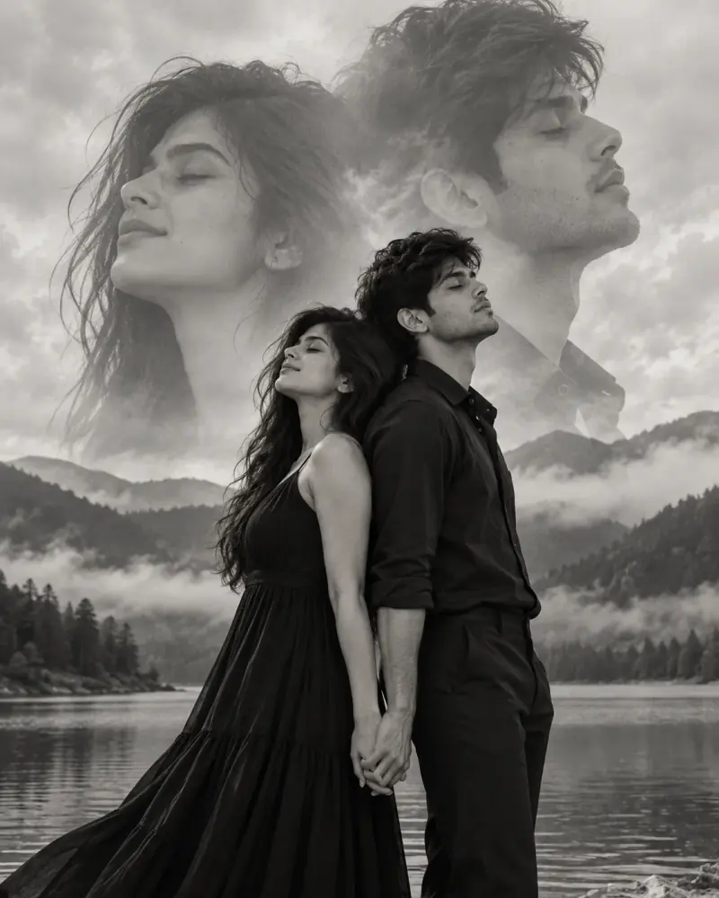 Double Exposure Couple AI Prompt showing a romantic couple holding hands beside a misty mountain lake in black and white.