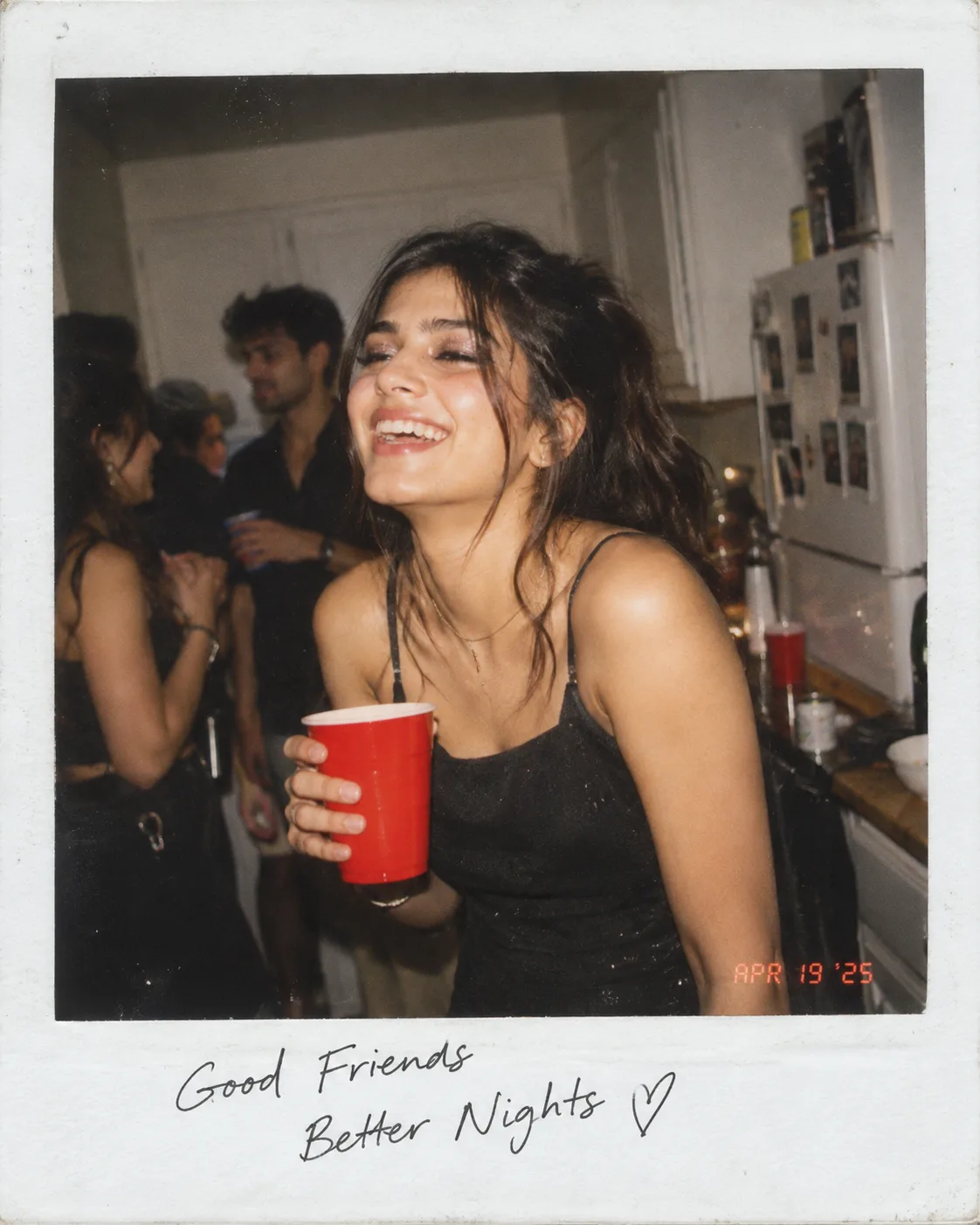 Candid Party Portrait AI Prompt showing a laughing woman holding a red cup at a house party with a Polaroid film aesthetic.