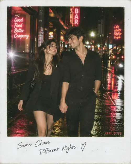 Neon Night Couple AI Prompt showing a couple holding hands under neon lights on a rainy city street with a Polaroid aesthetic.