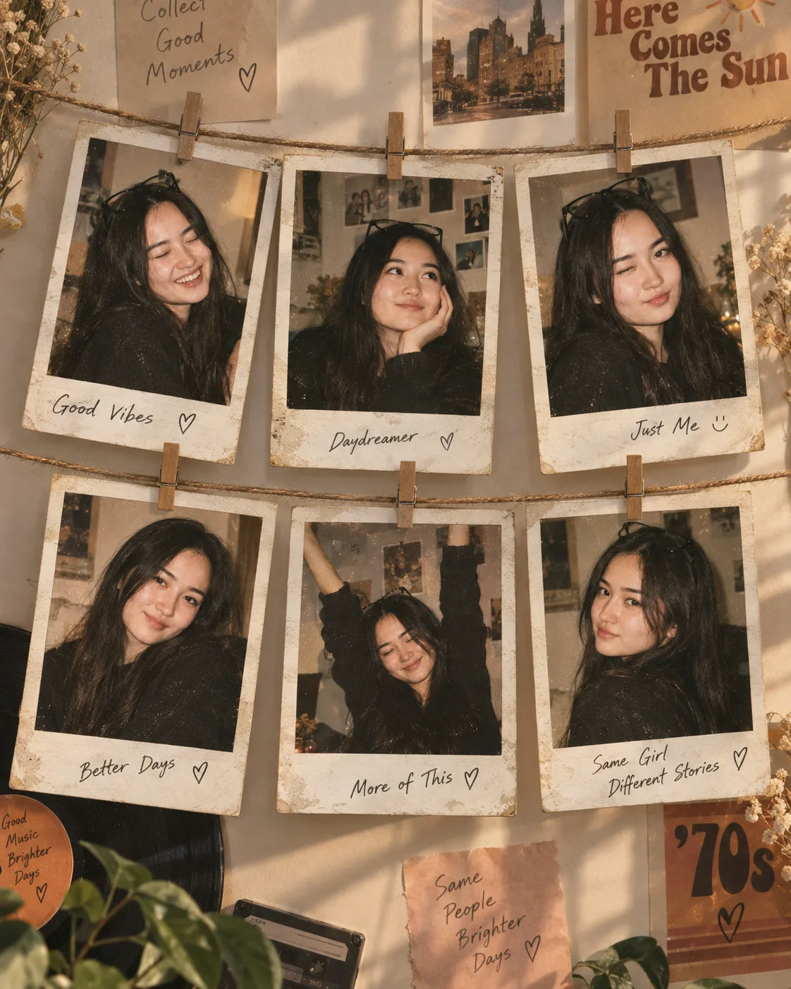 Vintage Polaroid Collage AI Prompt showing six nostalgic photos clipped to a rope gallery with warm tones and retro styling.