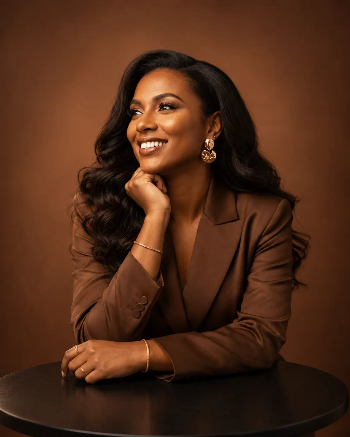Chocolate Blazer AI Prompt showing an elegant woman in a brown satin blazer with gold jewelry and warm studio lighting.