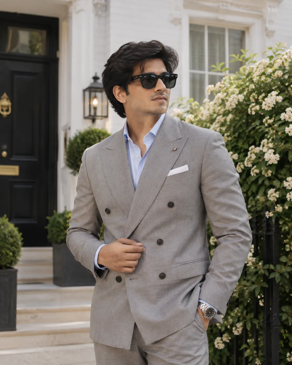 Luxury Man Suit AI Prompt showing a stylish man in a light-gray double-breasted suit and sunglasses outside an elegant white brick house.