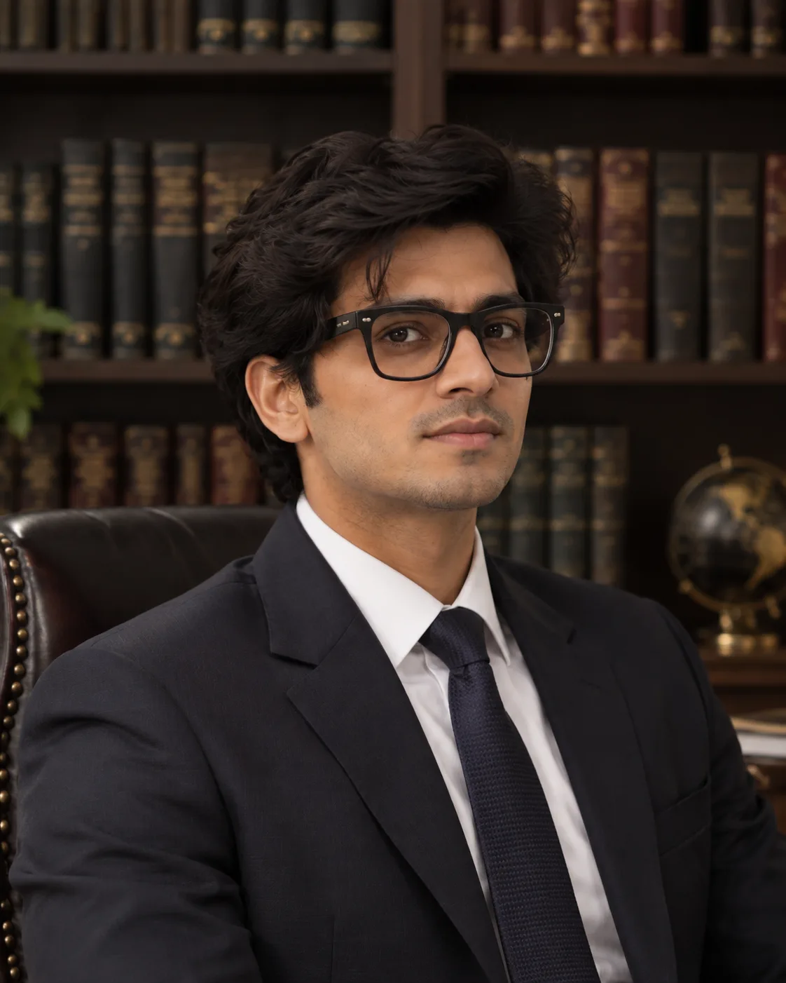 Professional Headshot AI Prompt showing a man in a dark suit and tie seated in an elegant library with leather-bound bookshelves.