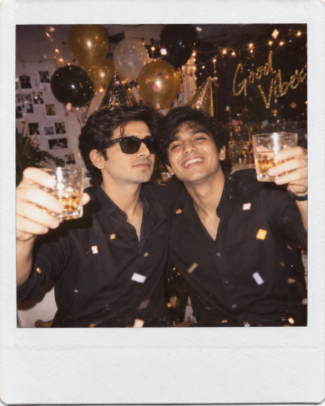 Party Polaroid AI Prompt showing two friends raising glasses at a joyful indoor celebration with balloons, confetti, and vintage film grain.