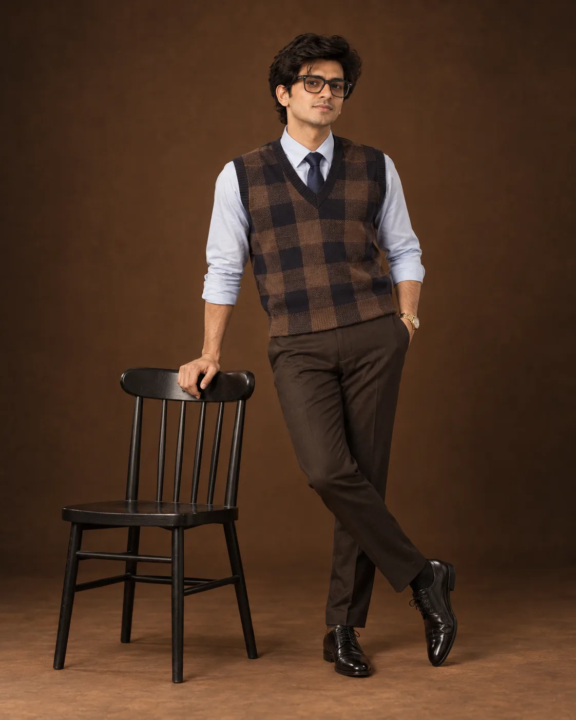 Checkered Sweater Vest AI Prompt showing a stylish man in a brown-and-navy checkered vest, blue shirt, trousers, and glasses in a warm studio.