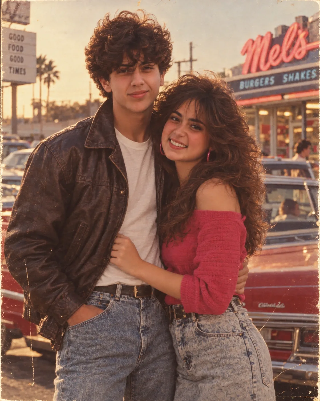 1980s Couple AI Prompt showing a stylish couple in vintage 1980s fashion beside a classic car at sunset