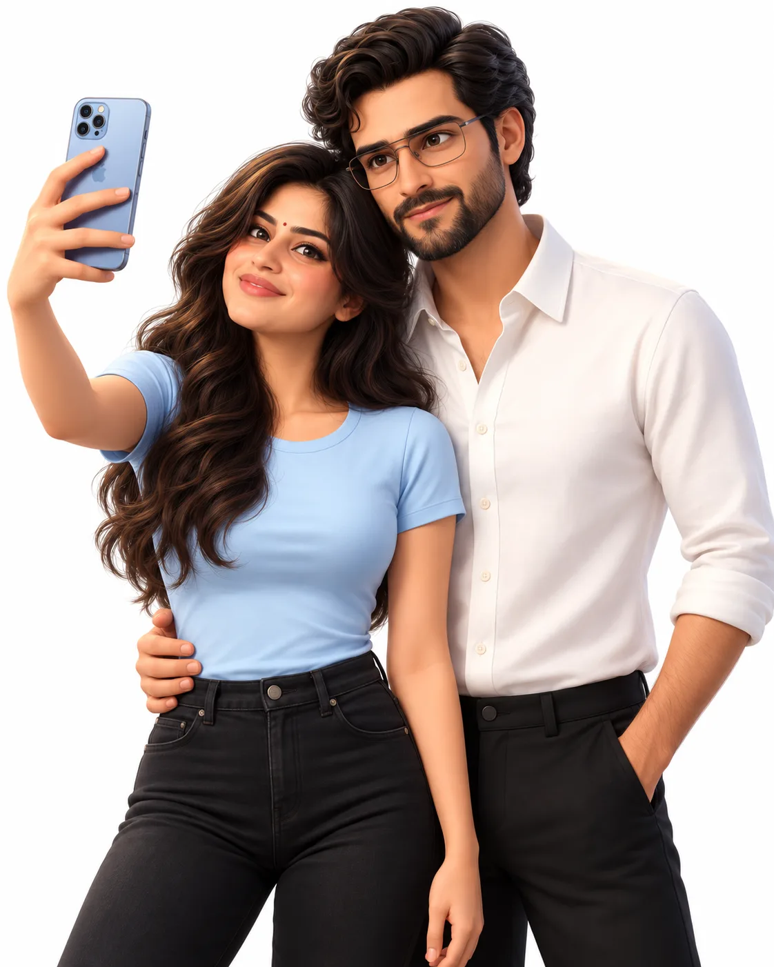 3D Couple Selfie AI Prompt showing a cute cartoon couple taking a selfie in stylish outfits against a clean white studio background