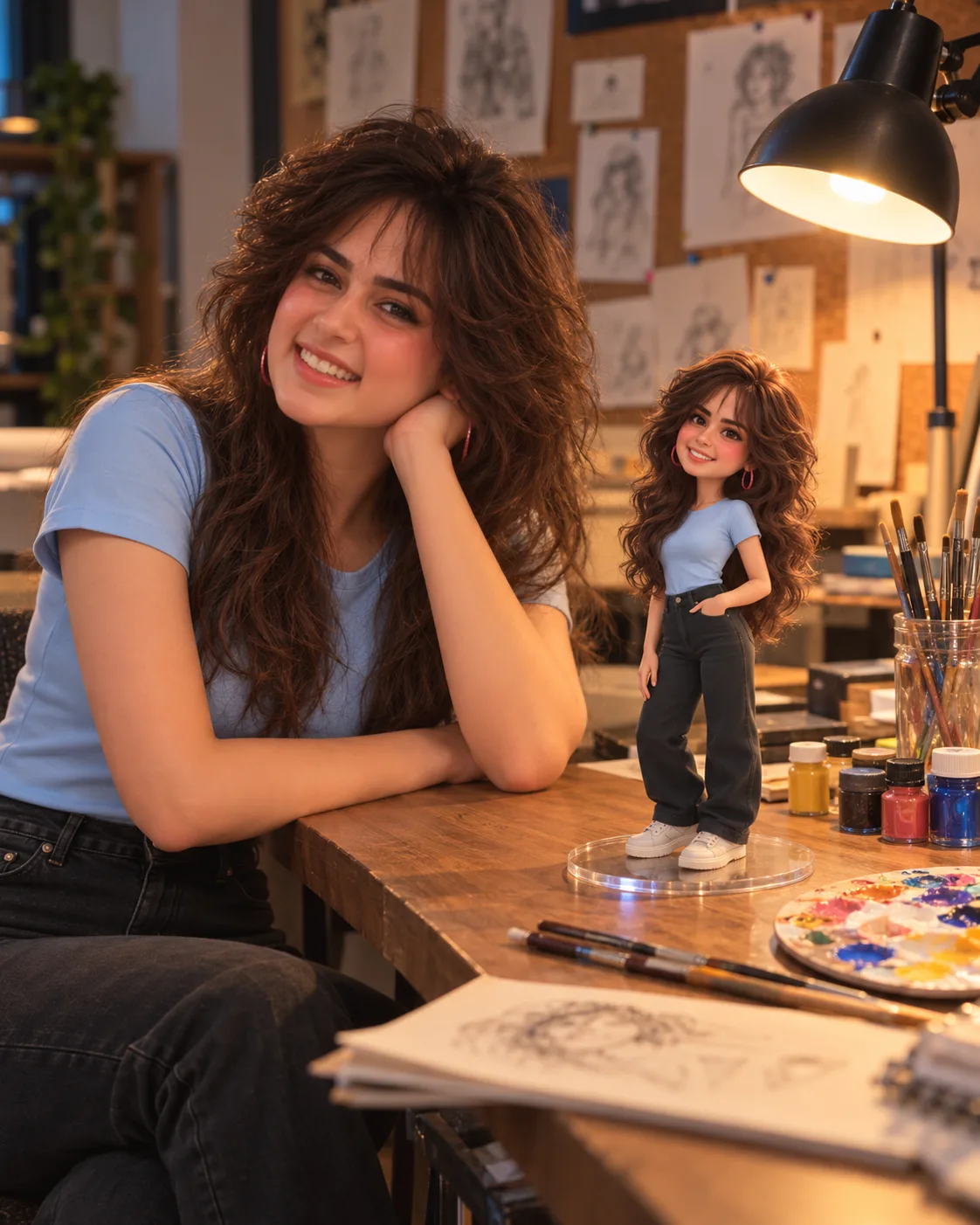 Artist Studio Miniature AI Prompt showing a person beside a matching 3D miniature at a cozy artist's desk.