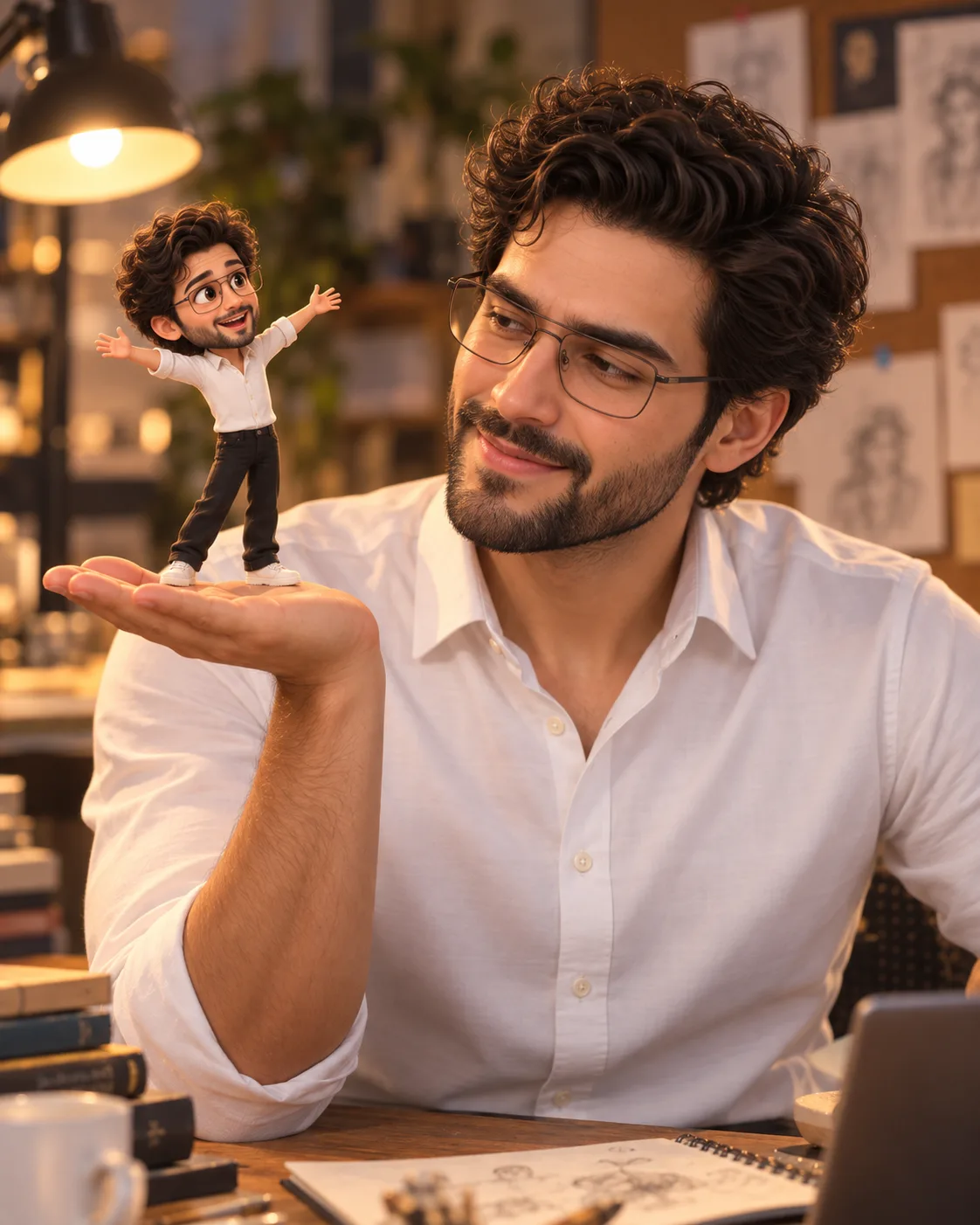 Miniature Self AI Prompt showing a person holding a tiny 3D cartoon version of themselves on an open palm
