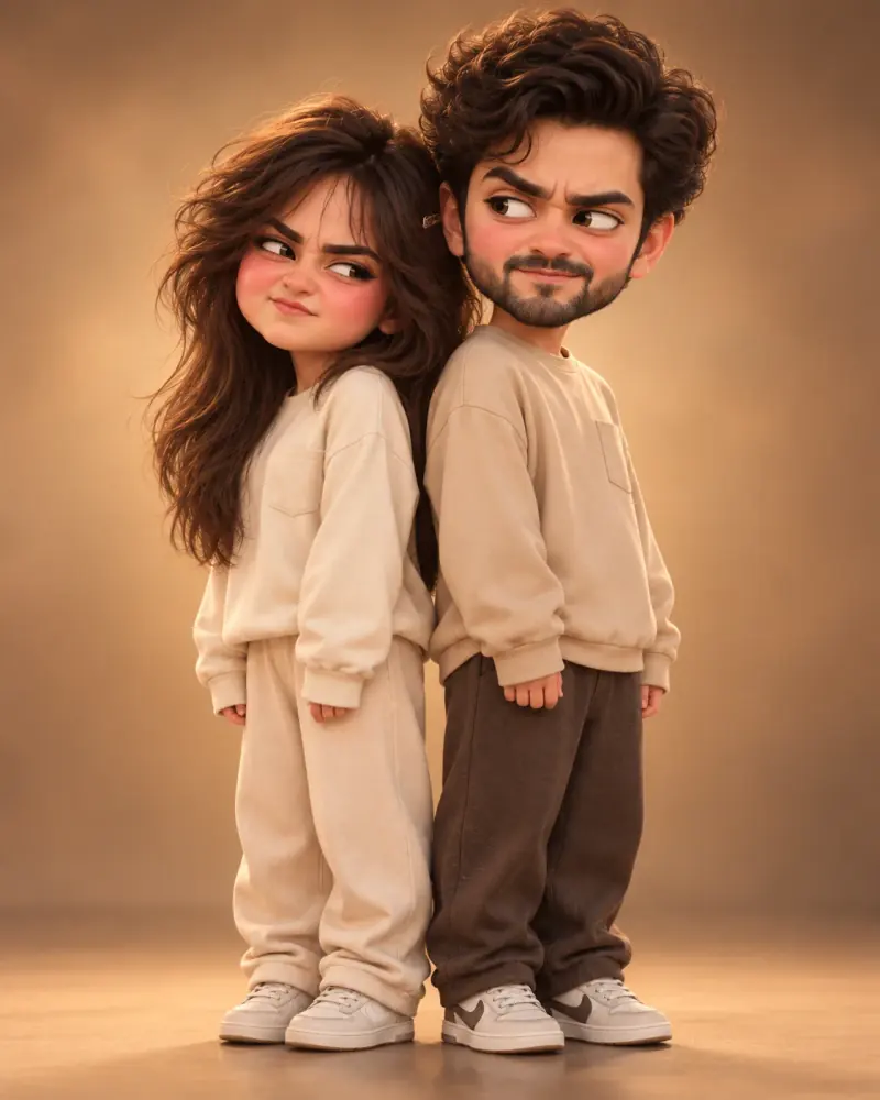 Chibi Couple AI Prompt showing a playful 3D cartoon couple standing back-to-back with mischievous side-eye expressions
