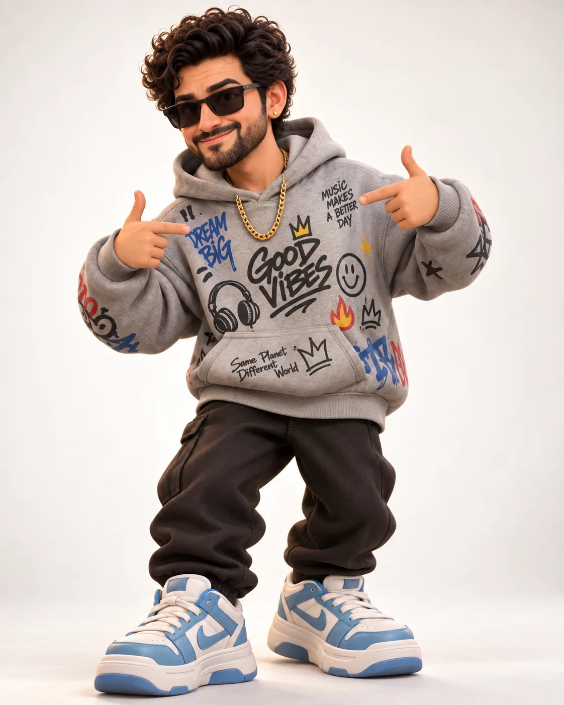 3D Hip Hop Character AI Prompt showing a playful young man in oversized graffiti streetwear and chunky sneakers