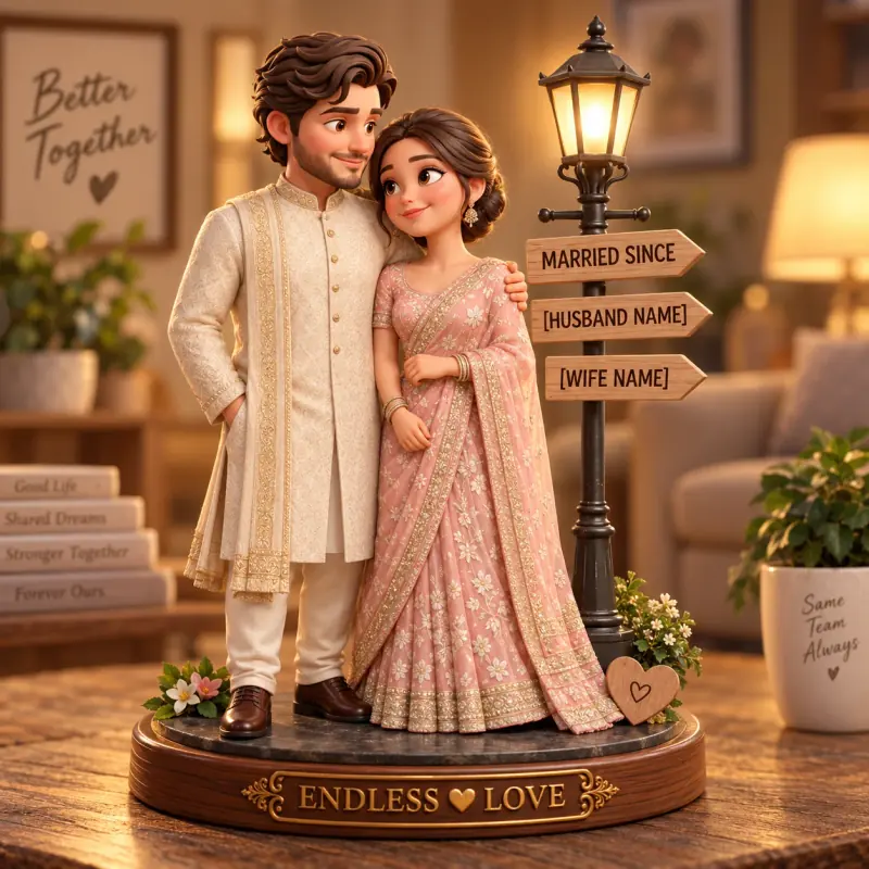 Husband Wife Figurine AI Prompt showing a loving couple in traditional outfits as premium 3D collectible figurines