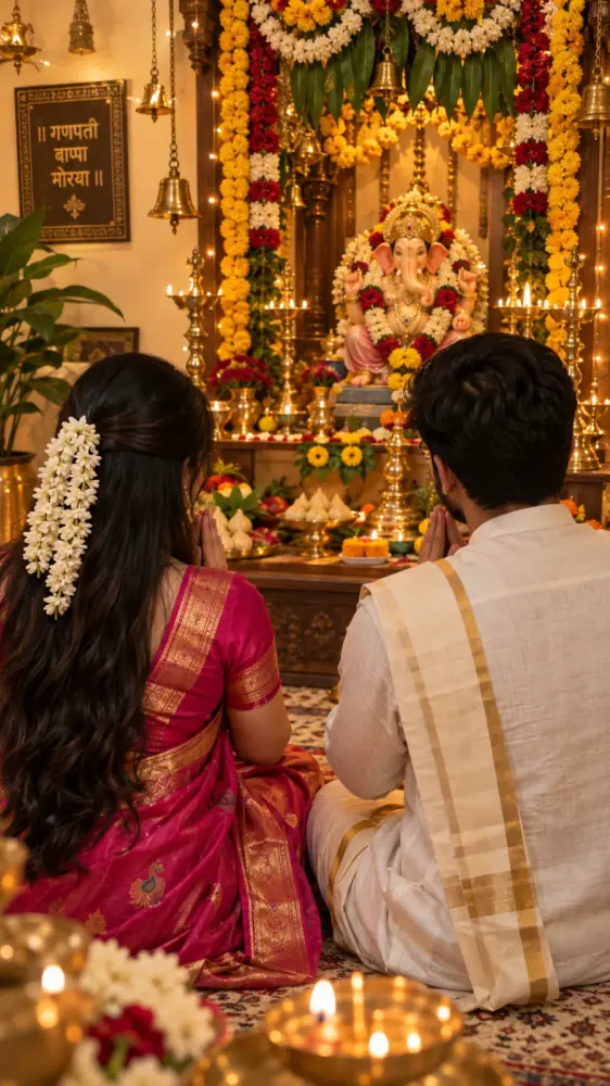 Ganpati Puja Couple AI Prompt showing a Maharashtrian couple praying together before a decorated Ganesha idol at home
