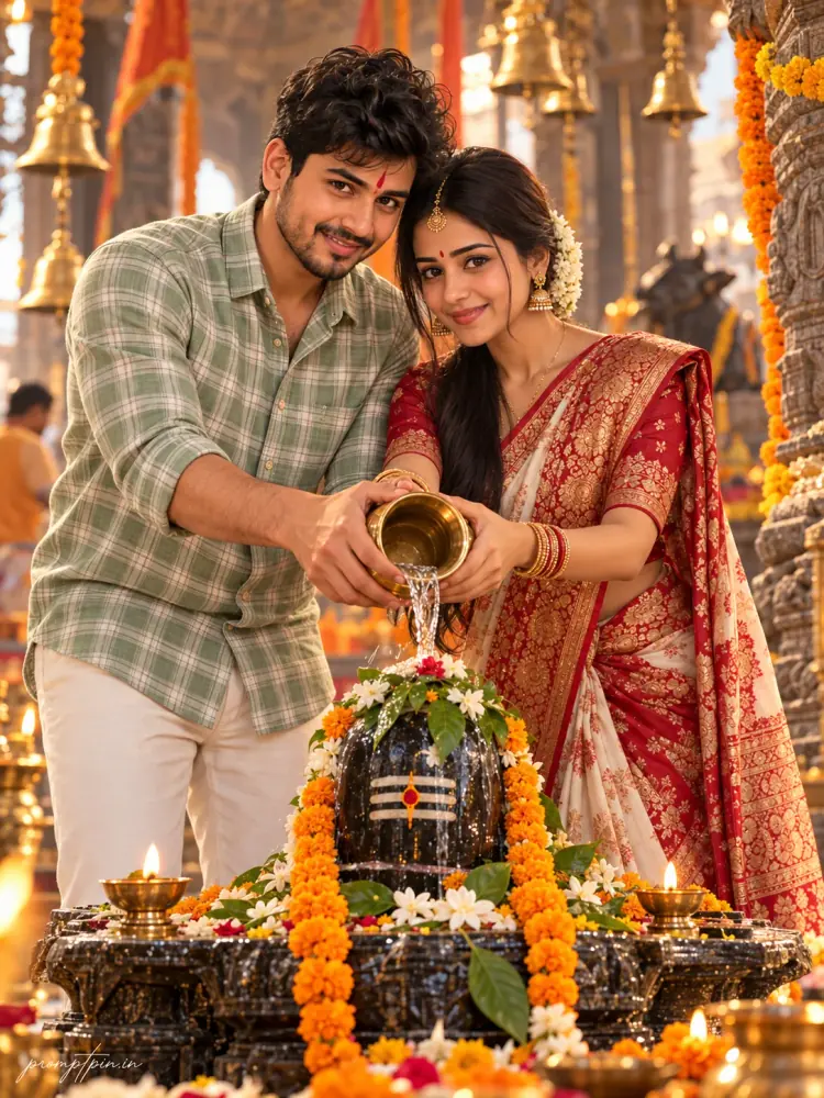 Shiv Abhishek Couple AI Prompt showing an Indian couple performing Jal Abhishek together over a decorated Shiva Lingam inside a temple.