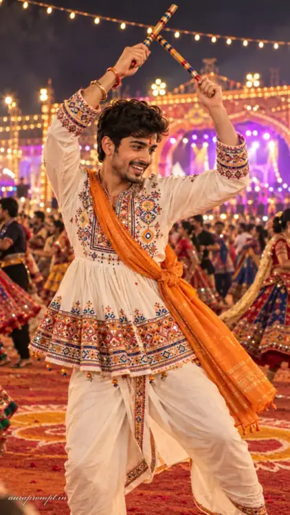 Dandiya AI Prompt showing a young Indian man dancing with colorful dandiya sticks at a vibrant Navratri Garba celebration.