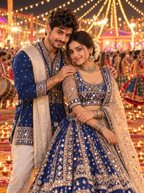 Navratri Couple AI Prompt showing an Indian couple in blue mirror-work outfits celebrating together at a vibrant Garba festival.
