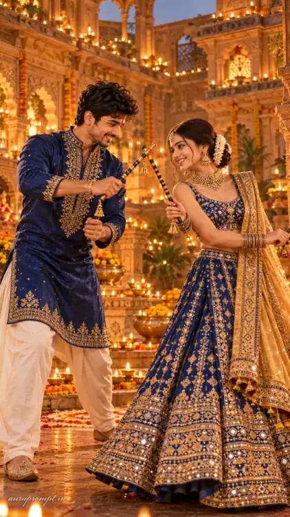Dandiya Couple AI Prompt showing an Indian couple performing a dandiya dance in matching blue and gold outfits at a decorated Jaipur haveli.