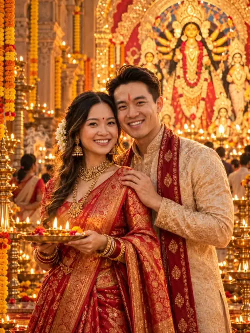 Durga Puja Couple AI Prompt showing an Indian couple in traditional red and gold outfits during evening aarti inside a decorated Durga temple.