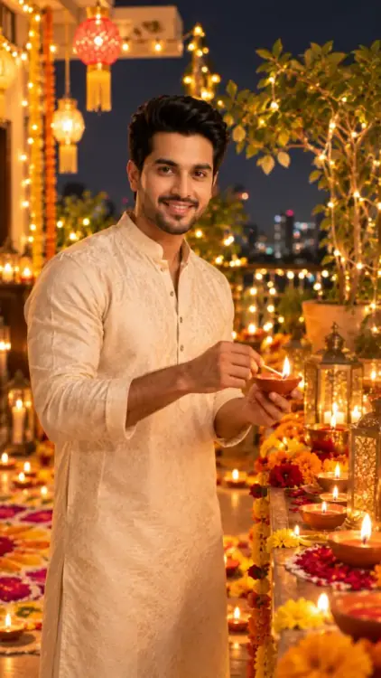 Diwali Diya Lighting AI Prompt showing a young man in a cream kurta lighting an earthen diya on a beautifully decorated terrace.