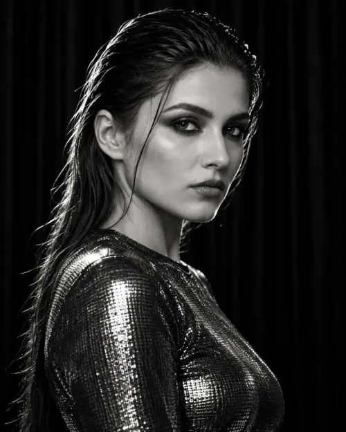Cinematic Rim-Light Portrait AI Photo Prompt showing a woman with slicked-back hair, smoky eye makeup, and a metallic top against a black studio background with dramatic rim lighting.