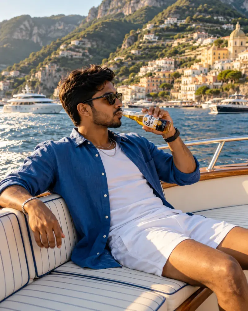 Luxury Yacht Lifestyle AI Photo Prompt showing a stylish Indian man in a blue linen shirt, white T-shirt, and white shorts relaxing on a luxury yacht against a sunlit coastal backdrop.