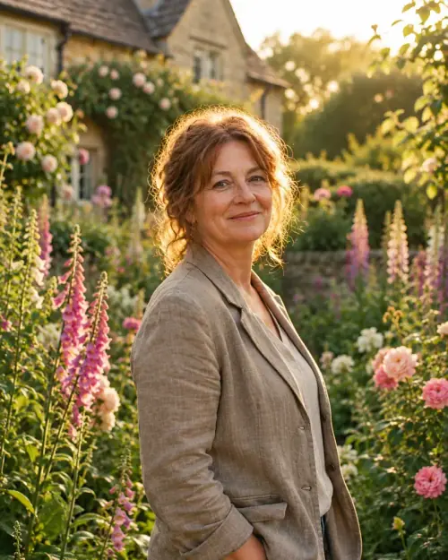 English Cottage Garden Portrait AI Photo Prompt showing a mature woman with auburn hair in a beige linen blazer, surrounded by blooming foxgloves and roses in warm golden-hour light.