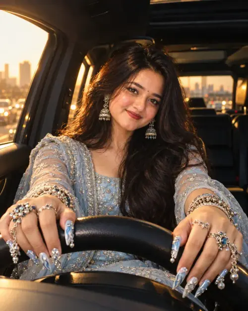 Indian Woman Car Portrait AI Photo Prompt showing a woman in an icy-blue embroidered Indian outfit, ornate silver jewellery, and blue-and-white nail art, holding a luxury car's steering wheel at golden hour.