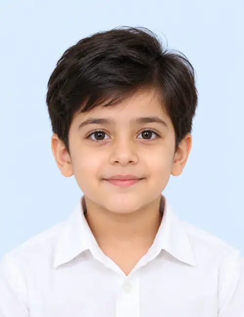 Child Passport Photo AI Prompt showing a young child wearing a white collared shirt, facing the camera with open eyes against a solid light-blue background.